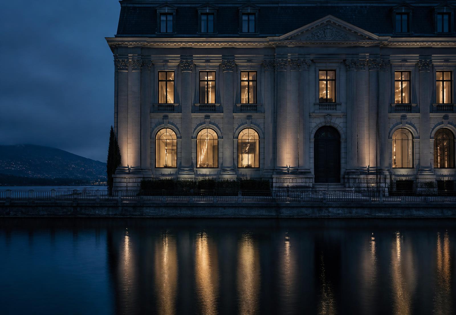 Crown Meridian International Bank headquarters in Geneva at dusk